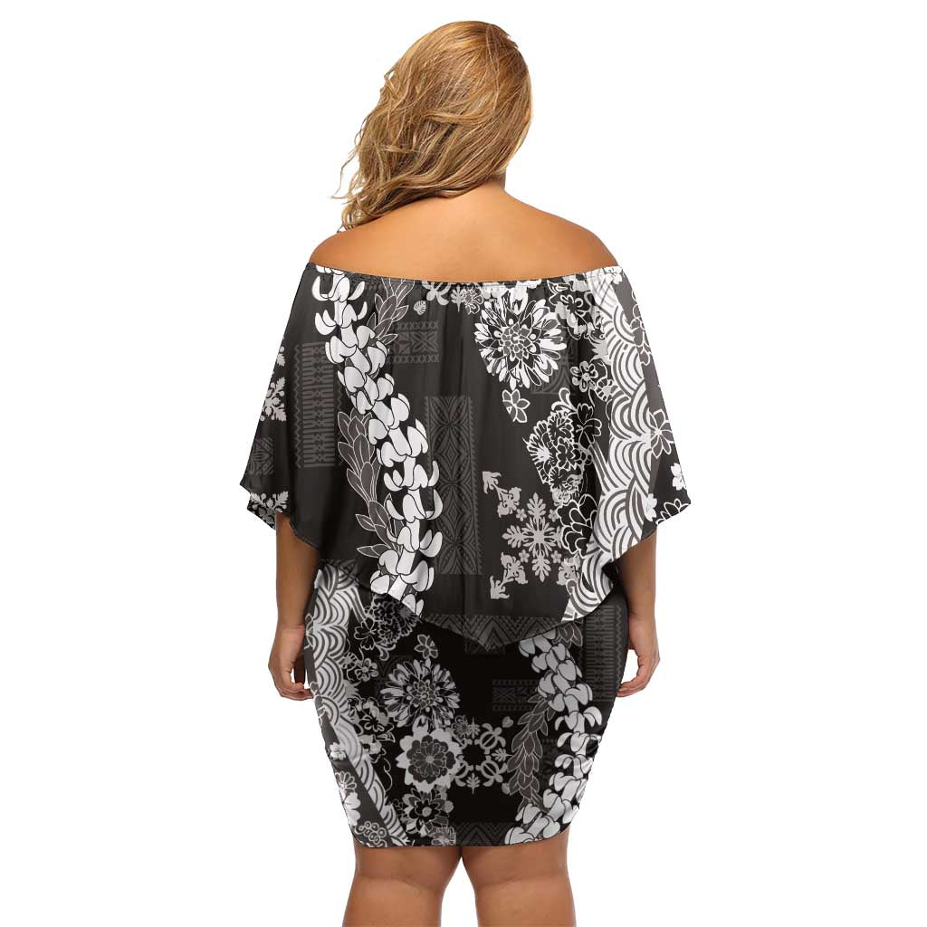 Hawaii Puakenikeni and Maile Lei Family Matching Off Shoulder Short Dress and Hawaiian Shirt Black Japanese Wave Style - Polynesian Pride