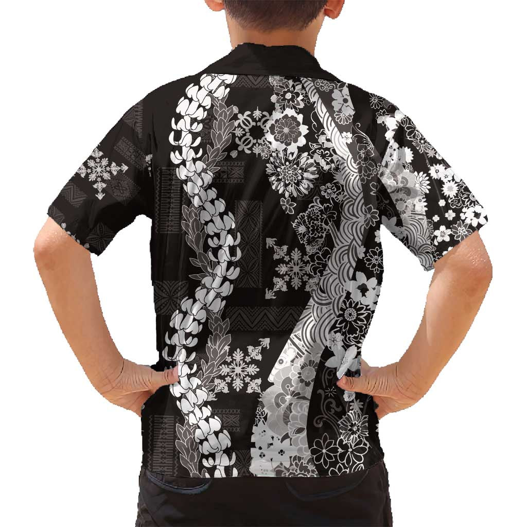 Hawaii Puakenikeni and Maile Lei Family Matching Puletasi and Hawaiian Shirt Black Japanese Wave Style - Polynesian Pride