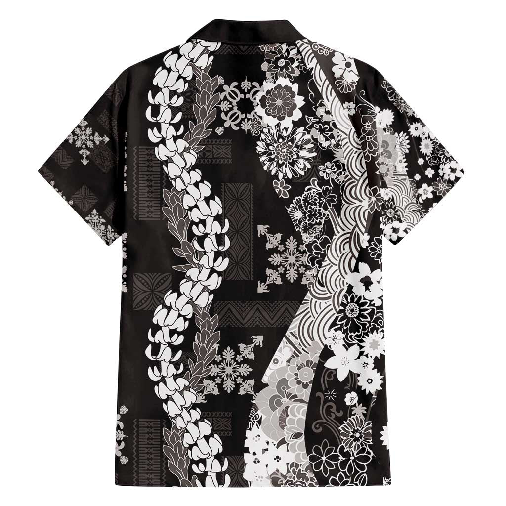 Hawaii Puakenikeni and Maile Lei Family Matching Puletasi and Hawaiian Shirt Black Japanese Wave Style - Polynesian Pride