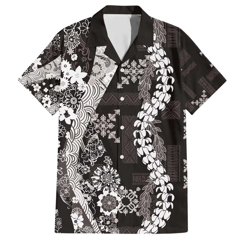 Hawaii Puakenikeni and Maile Lei Family Matching Short Sleeve Bodycon Dress and Hawaiian Shirt Black Japanese Wave Style - Polynesian Pride