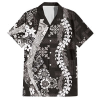 Hawaii Puakenikeni and Maile Lei Family Matching Short Sleeve Bodycon Dress and Hawaiian Shirt Black Japanese Wave Style - Polynesian Pride