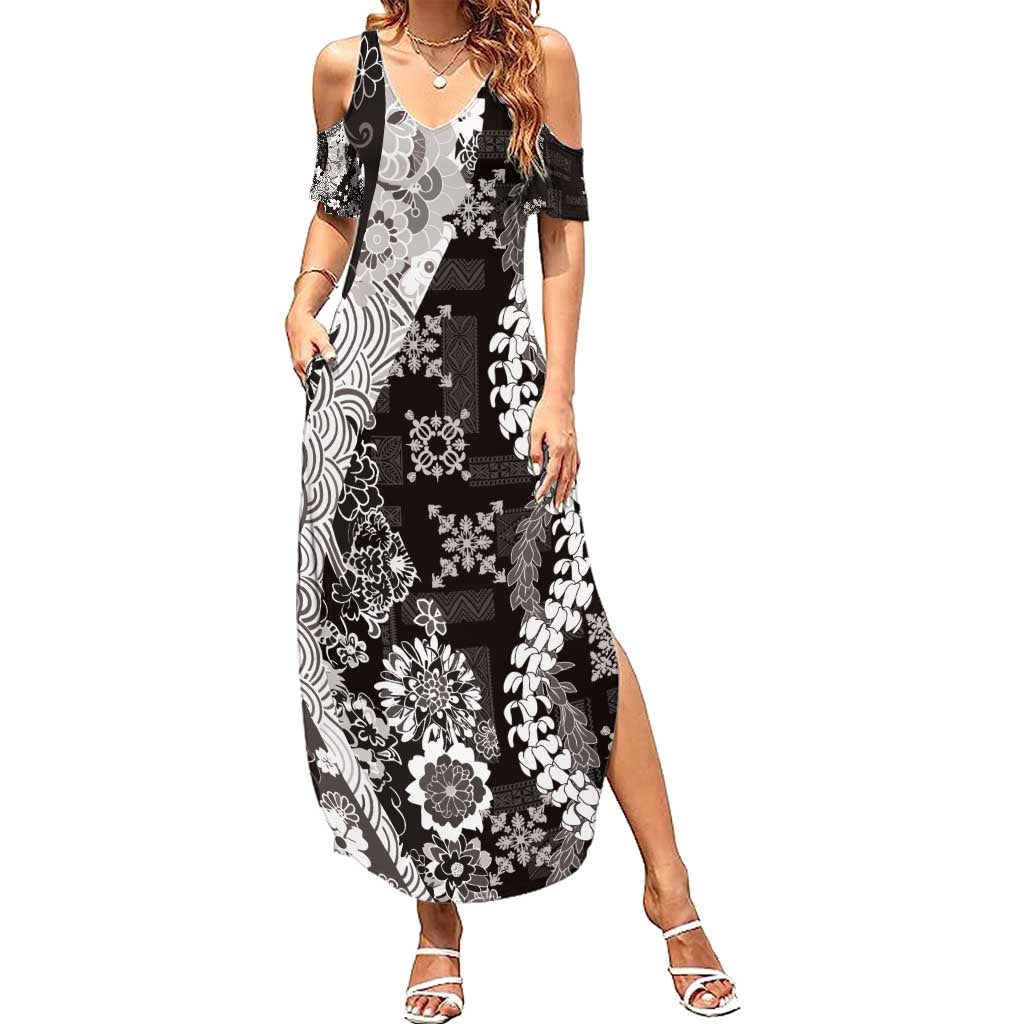 Hawaii Puakenikeni and Maile Lei Family Matching Summer Maxi Dress and Hawaiian Shirt Black Japanese Wave Style - Polynesian Pride