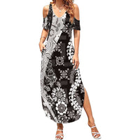 Hawaii Puakenikeni and Maile Lei Family Matching Summer Maxi Dress and Hawaiian Shirt Black Japanese Wave Style - Polynesian Pride