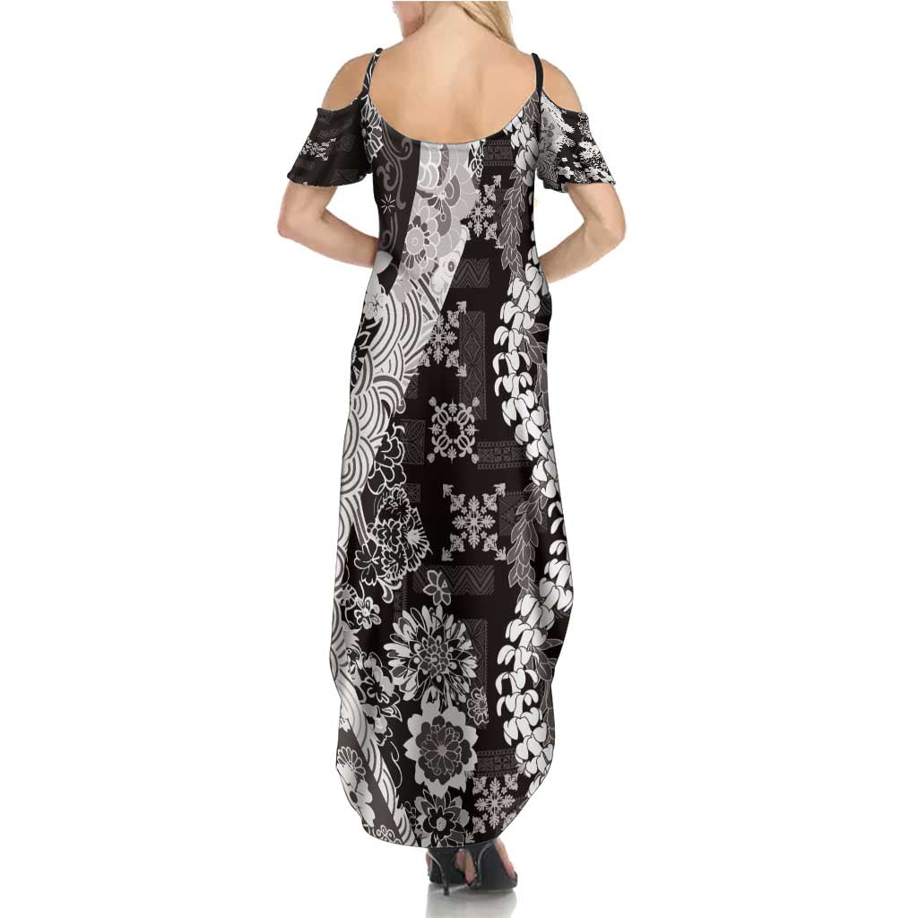 Hawaii Puakenikeni and Maile Lei Family Matching Summer Maxi Dress and Hawaiian Shirt Black Japanese Wave Style - Polynesian Pride