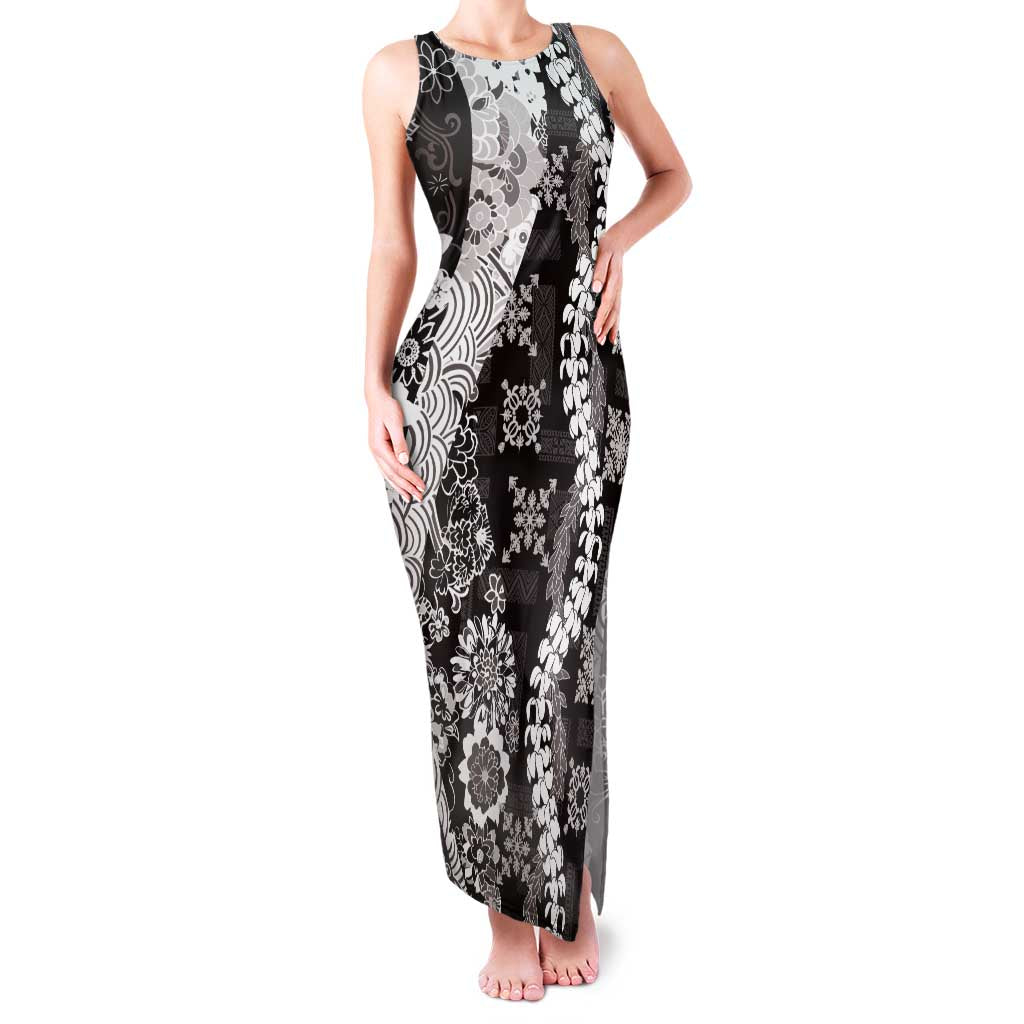 Hawaii Puakenikeni and Maile Lei Family Matching Tank Maxi Dress and Hawaiian Shirt Black Japanese Wave Style - Polynesian Pride
