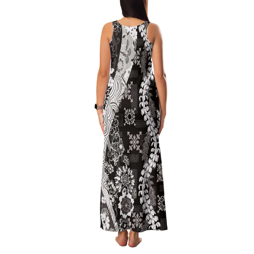 Hawaii Puakenikeni and Maile Lei Family Matching Tank Maxi Dress and Hawaiian Shirt Black Japanese Wave Style - Polynesian Pride