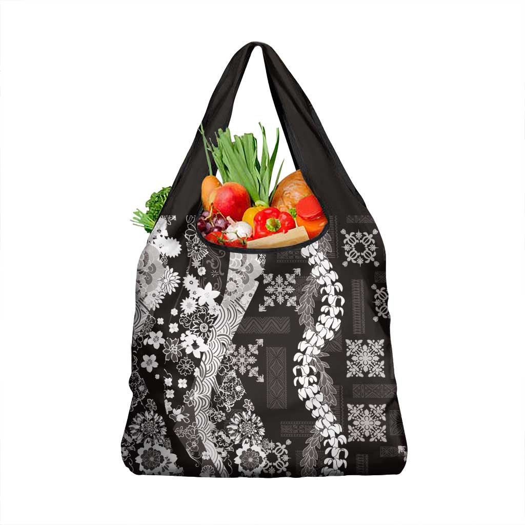 Hawaii Puakenikeni and Maile Lei Grocery Bag Black Japanese Wave Style LT9 1-pack One Size Black - Polynesian Pride