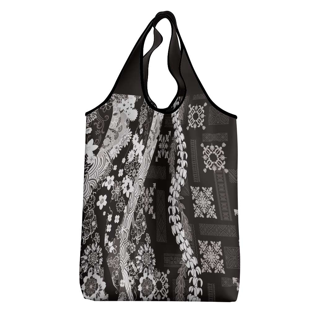Hawaii Puakenikeni and Maile Lei Grocery Bag Black Japanese Wave Style LT9 - Polynesian Pride