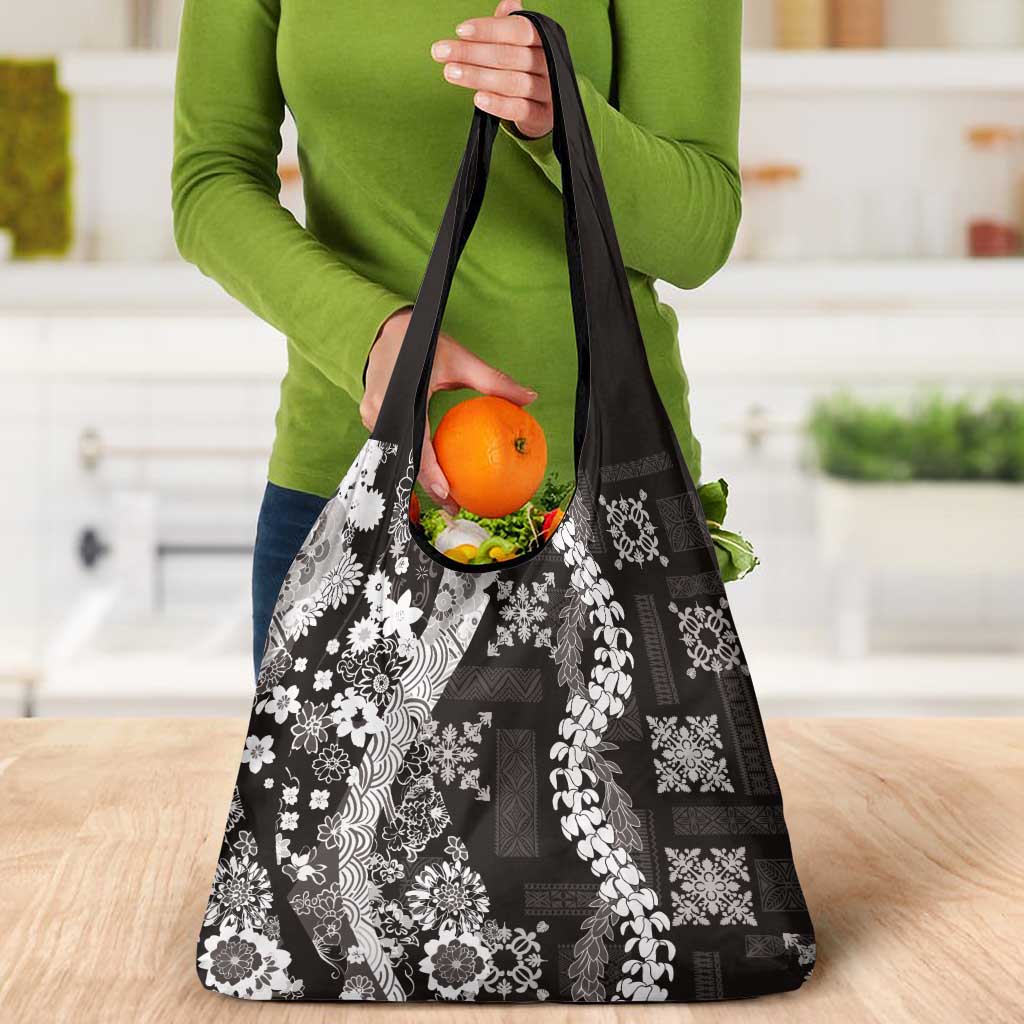 Hawaii Puakenikeni and Maile Lei Grocery Bag Black Japanese Wave Style LT9 - Polynesian Pride