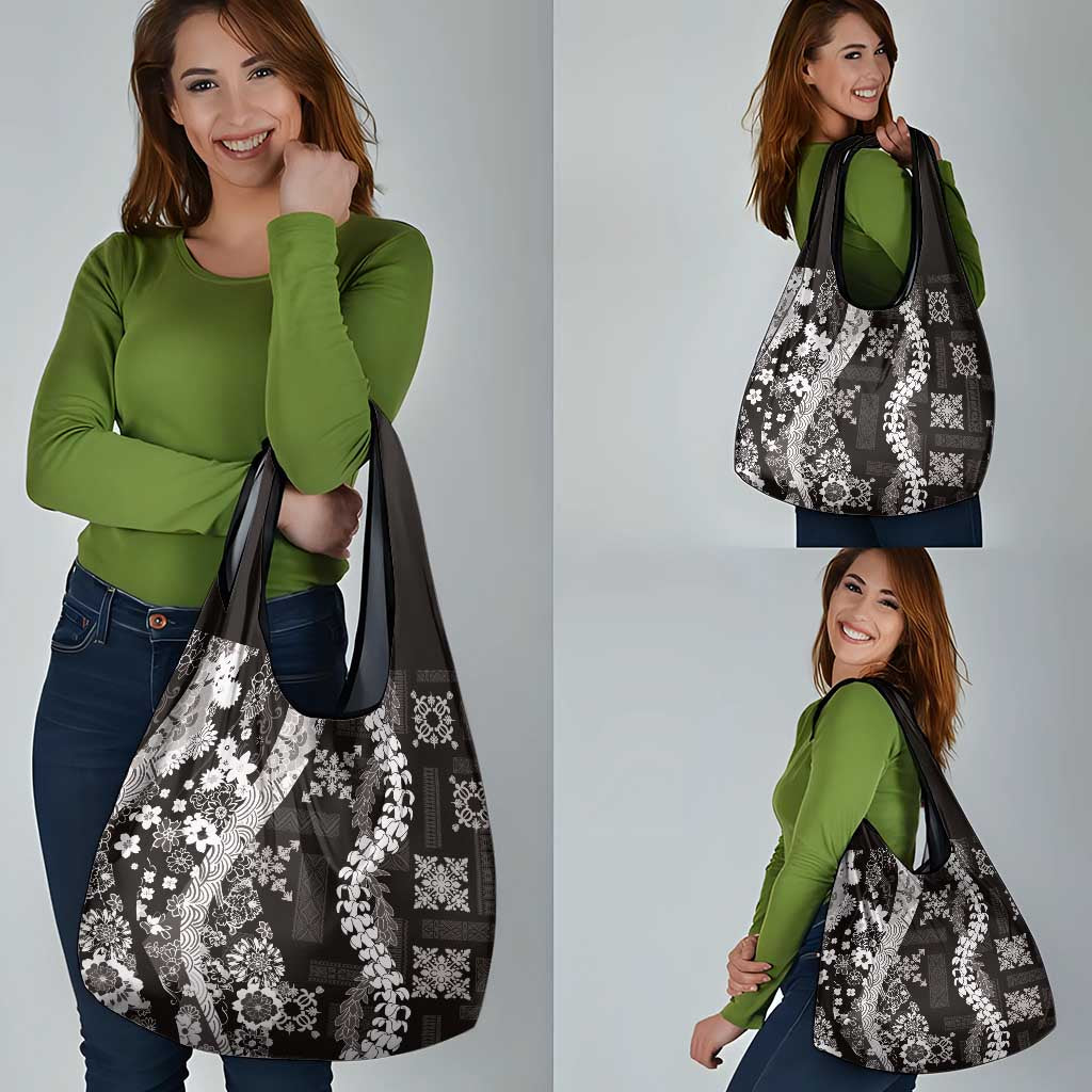 Hawaii Puakenikeni and Maile Lei Grocery Bag Black Japanese Wave Style LT9 - Polynesian Pride