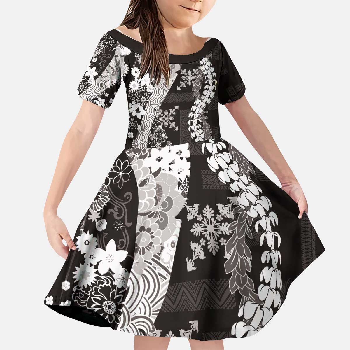 Hawaii Puakenikeni and Maile Lei Kid Short Sleeve Dress Black Japanese Wave Style LT9 KID Black - Polynesian Pride