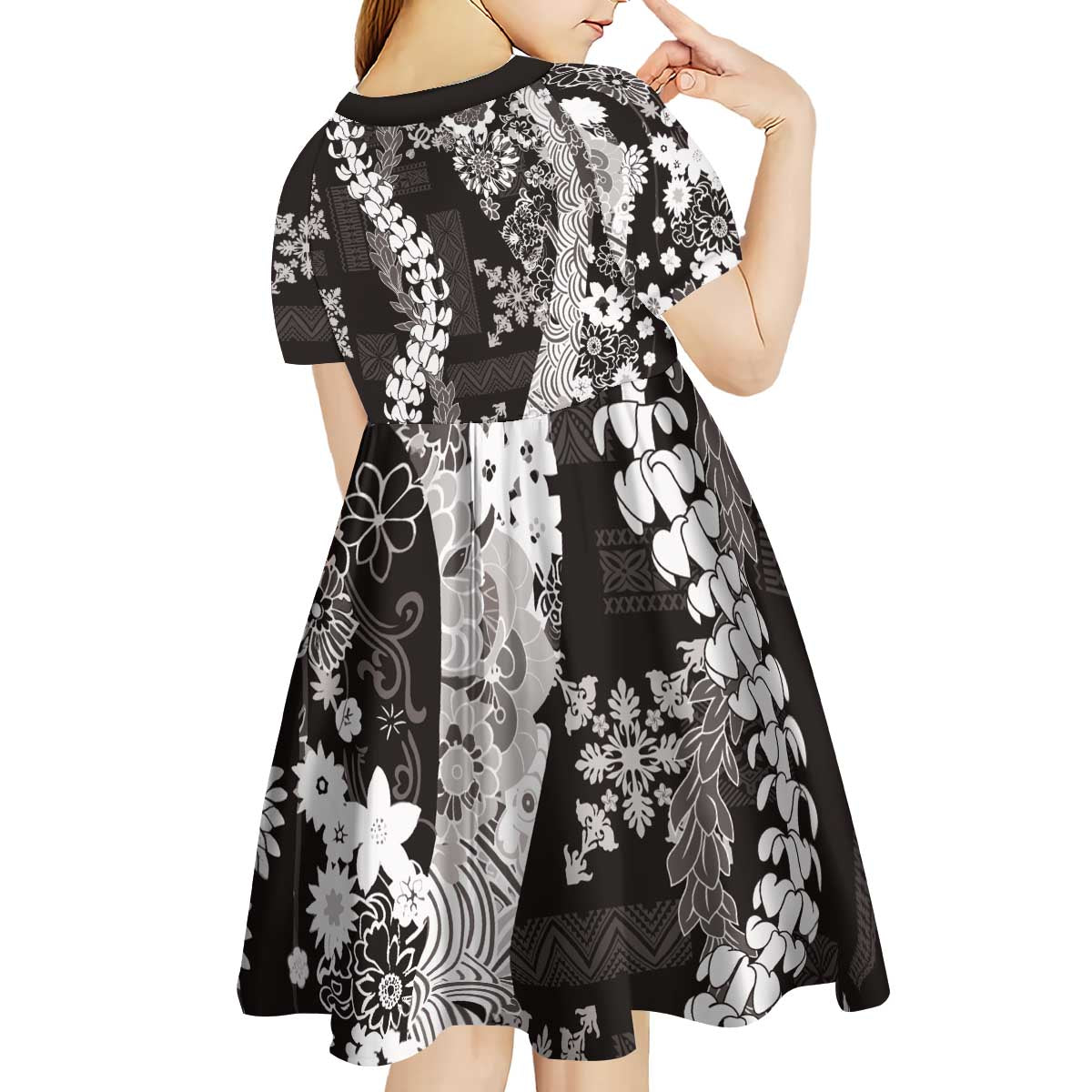 Hawaii Puakenikeni and Maile Lei Kid Short Sleeve Dress Black Japanese Wave Style LT9 - Polynesian Pride