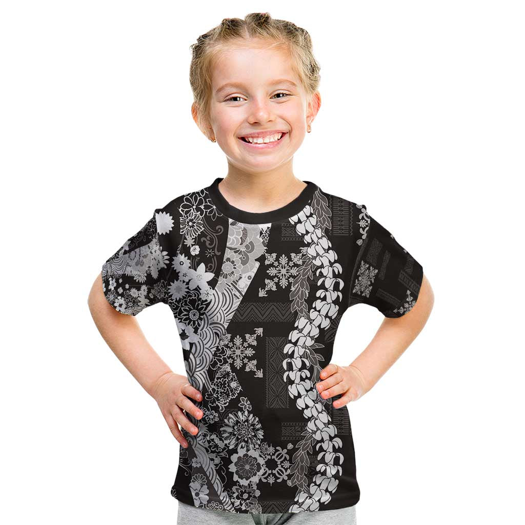 Hawaii Puakenikeni and Maile Lei Kid T Shirt Black Japanese Wave Style - Polynesian Pride