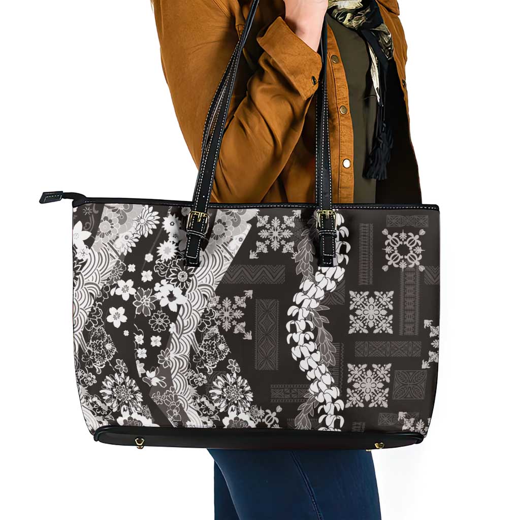 Hawaii Puakenikeni and Maile Lei Leather Tote Bag Black Japanese Wave Style - Polynesian Pride
