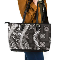 Hawaii Puakenikeni and Maile Lei Leather Tote Bag Black Japanese Wave Style - Polynesian Pride