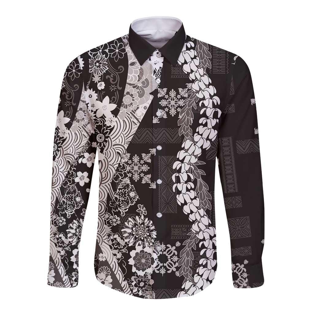 Hawaii Puakenikeni and Maile Lei Long Sleeve Button Shirt Black Japanese Wave Style LT9 Unisex Black - Polynesian Pride