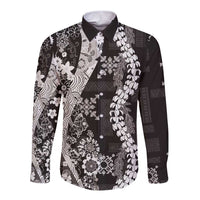 Hawaii Puakenikeni and Maile Lei Long Sleeve Button Shirt Black Japanese Wave Style LT9 Unisex Black - Polynesian Pride