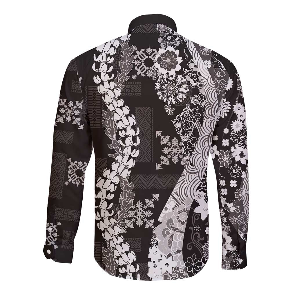 Hawaii Puakenikeni and Maile Lei Long Sleeve Button Shirt Black Japanese Wave Style LT9 - Polynesian Pride