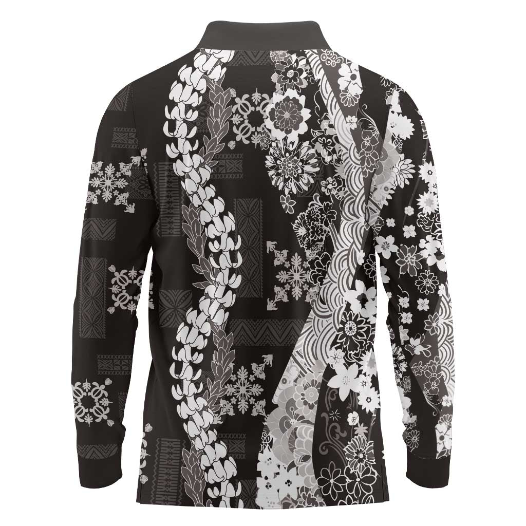 Hawaii Puakenikeni and Maile Lei Long Sleeve Polo Shirt Black Japanese Wave Style - Polynesian Pride