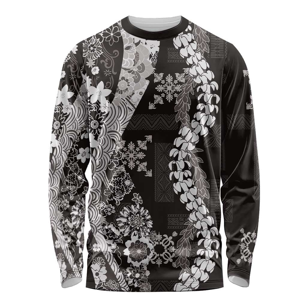 Hawaii Puakenikeni and Maile Lei Long Sleeve Shirt Black Japanese Wave Style LT9 Unisex Black - Polynesian Pride