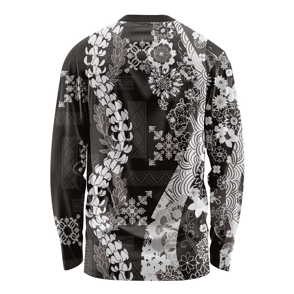 Hawaii Puakenikeni and Maile Lei Long Sleeve Shirt Black Japanese Wave Style LT9 - Polynesian Pride