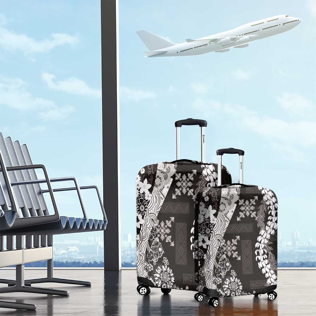 Hawaii Puakenikeni and Maile Lei Luggage Cover Black Japanese Wave Style - Polynesian Pride