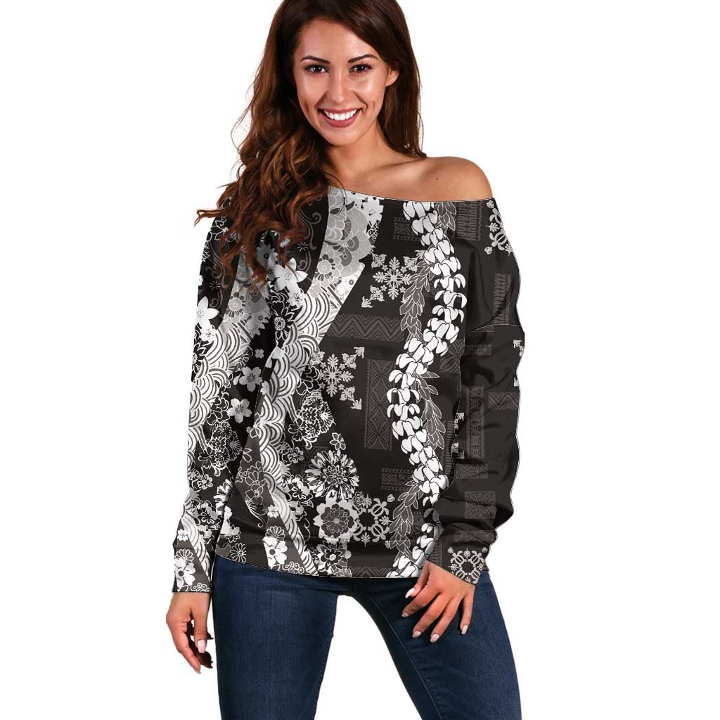 Hawaii Puakenikeni and Maile Lei Off Shoulder Sweater Black Japanese Wave Style - Polynesian Pride