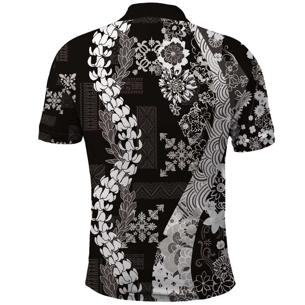 Hawaii Puakenikeni and Maile Lei Polo Shirt Black Japanese Wave Style - Polynesian Pride