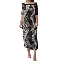 Hawaii Puakenikeni and Maile Lei Puletasi Black Japanese Wave Style - Polynesian Pride