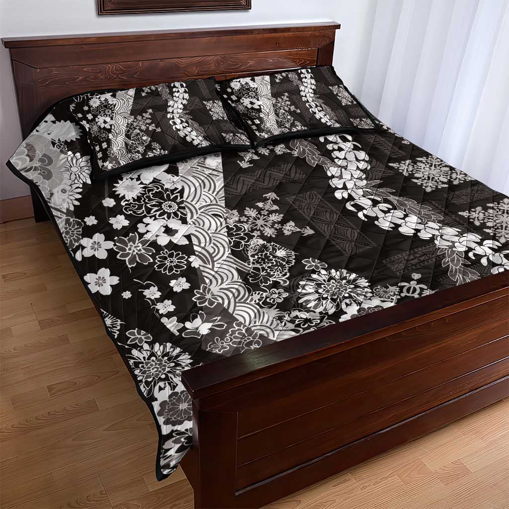 Hawaii Puakenikeni and Maile Lei Quilt Bed Set Black Japanese Wave Style - Polynesian Pride