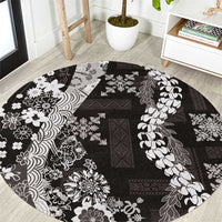 Hawaii Puakenikeni and Maile Lei Round Carpet Black Japanese Wave Style - Polynesian Pride