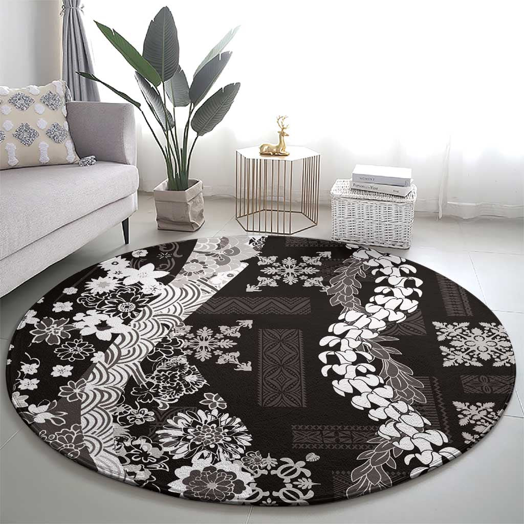 Hawaii Puakenikeni and Maile Lei Round Carpet Black Japanese Wave Style - Polynesian Pride