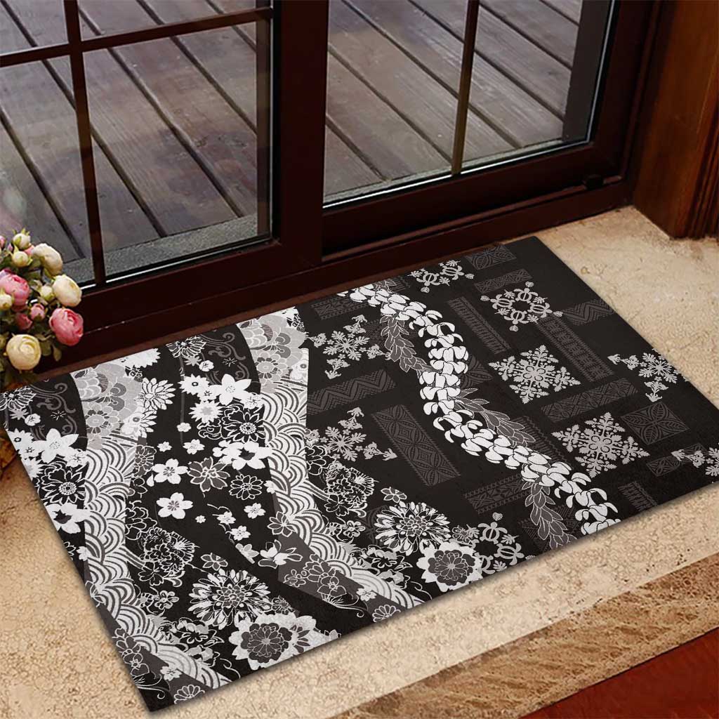 Hawaii Puakenikeni and Maile Lei Rubber Doormat Black Japanese Wave Style LT9 - Polynesian Pride