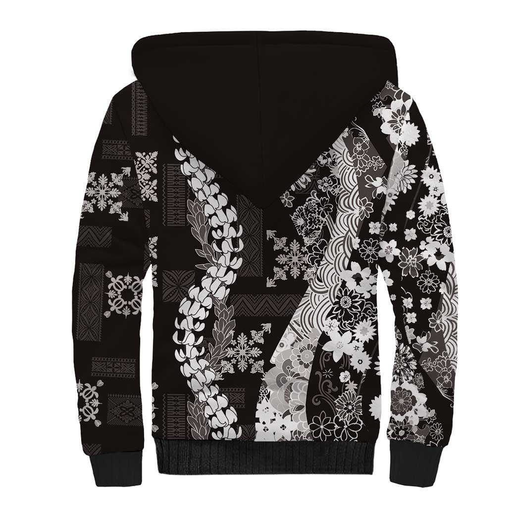 Hawaii Puakenikeni and Maile Lei Sherpa Hoodie Black Japanese Wave Style LT9 - Polynesian Pride