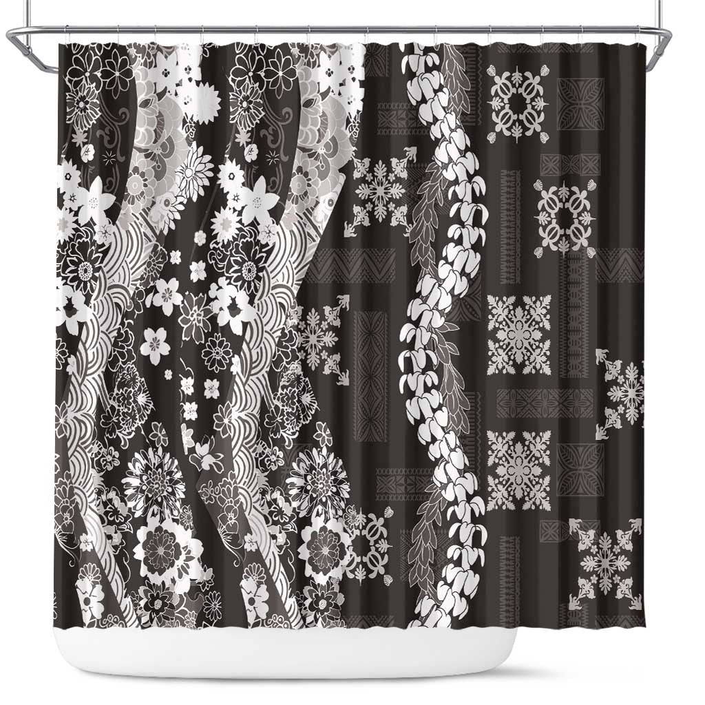 Hawaii Puakenikeni and Maile Lei Shower Curtain Black Japanese Wave Style - Polynesian Pride