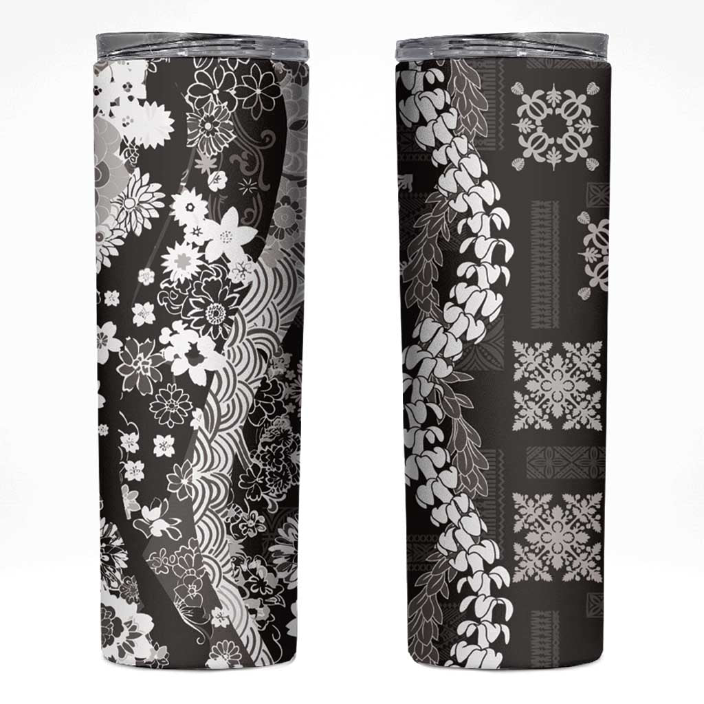Hawaii Puakenikeni and Maile Lei Skinny Tumbler Black Japanese Wave Style - Polynesian Pride