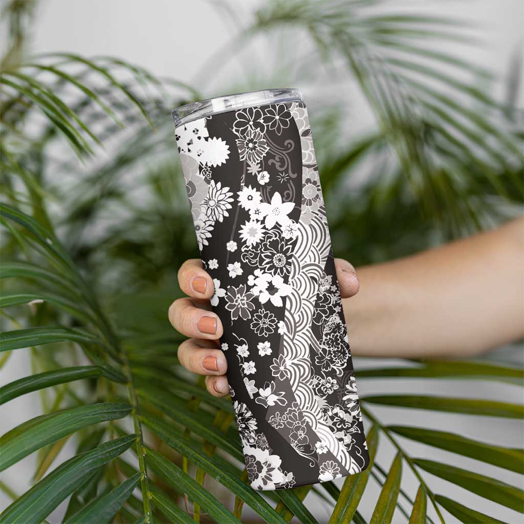 Hawaii Puakenikeni and Maile Lei Skinny Tumbler Black Japanese Wave Style - Polynesian Pride