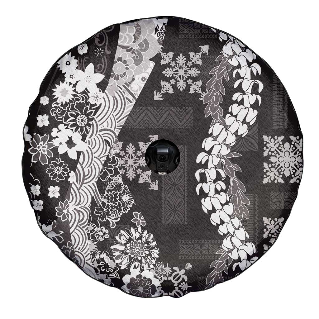Hawaii Puakenikeni and Maile Lei Spare Tire Cover Black Japanese Wave Style - Polynesian Pride