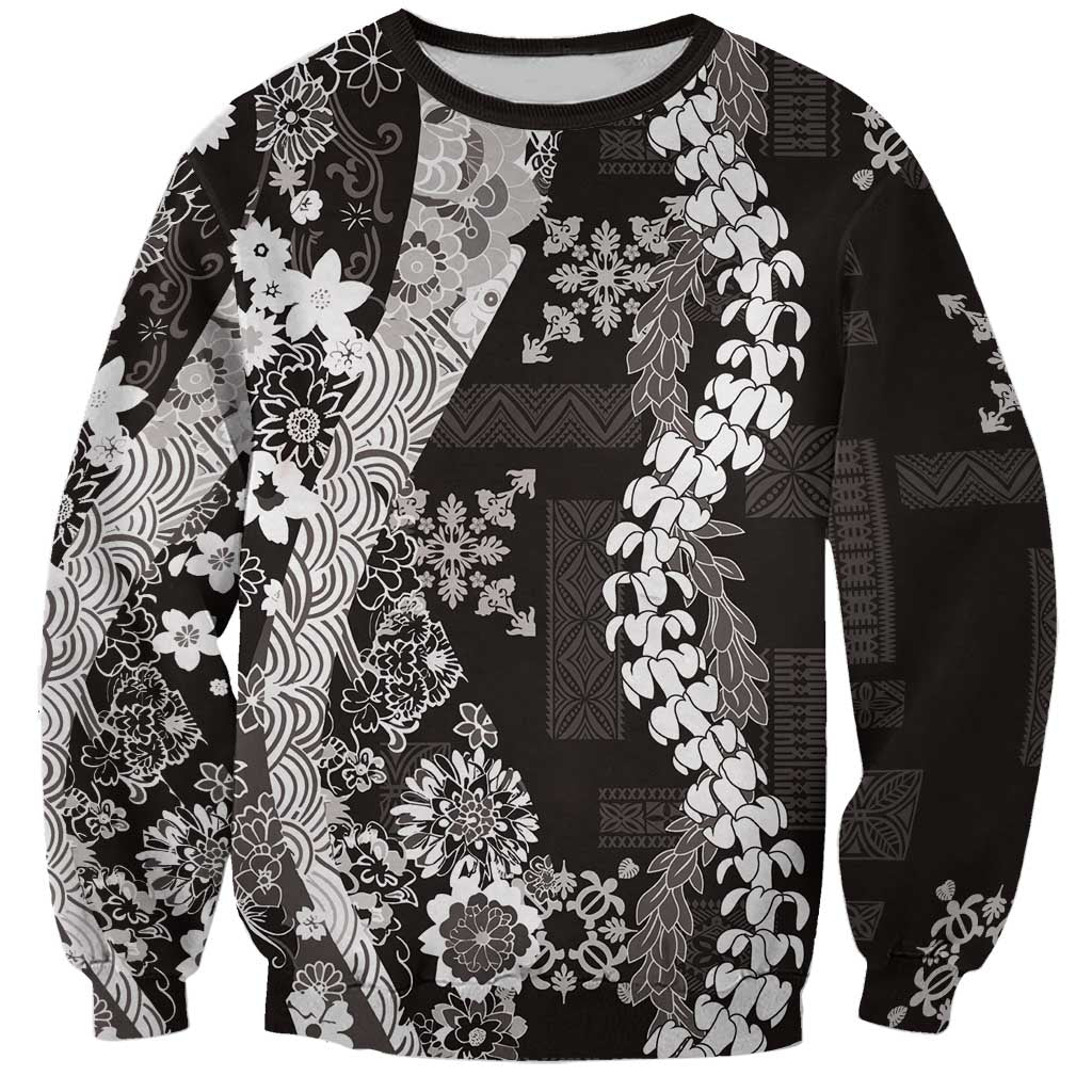 Hawaii Puakenikeni and Maile Lei Sweatshirt Black Japanese Wave Style LT9 Unisex Black - Polynesian Pride