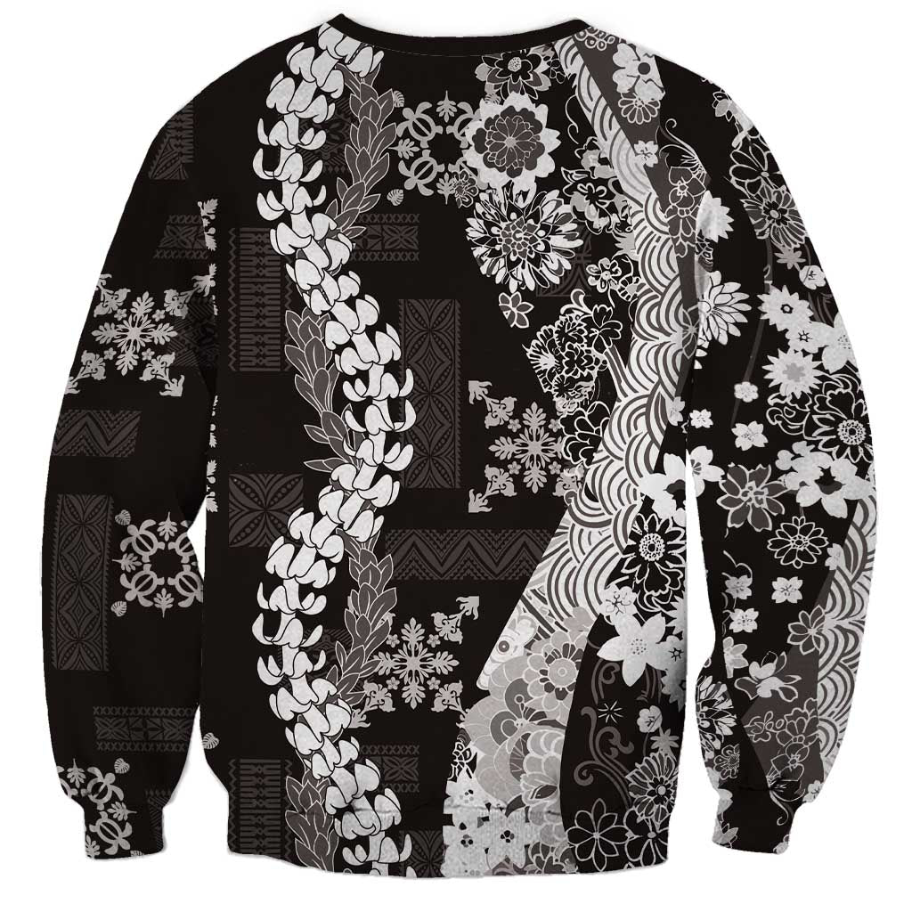 Hawaii Puakenikeni and Maile Lei Sweatshirt Black Japanese Wave Style LT9 - Polynesian Pride
