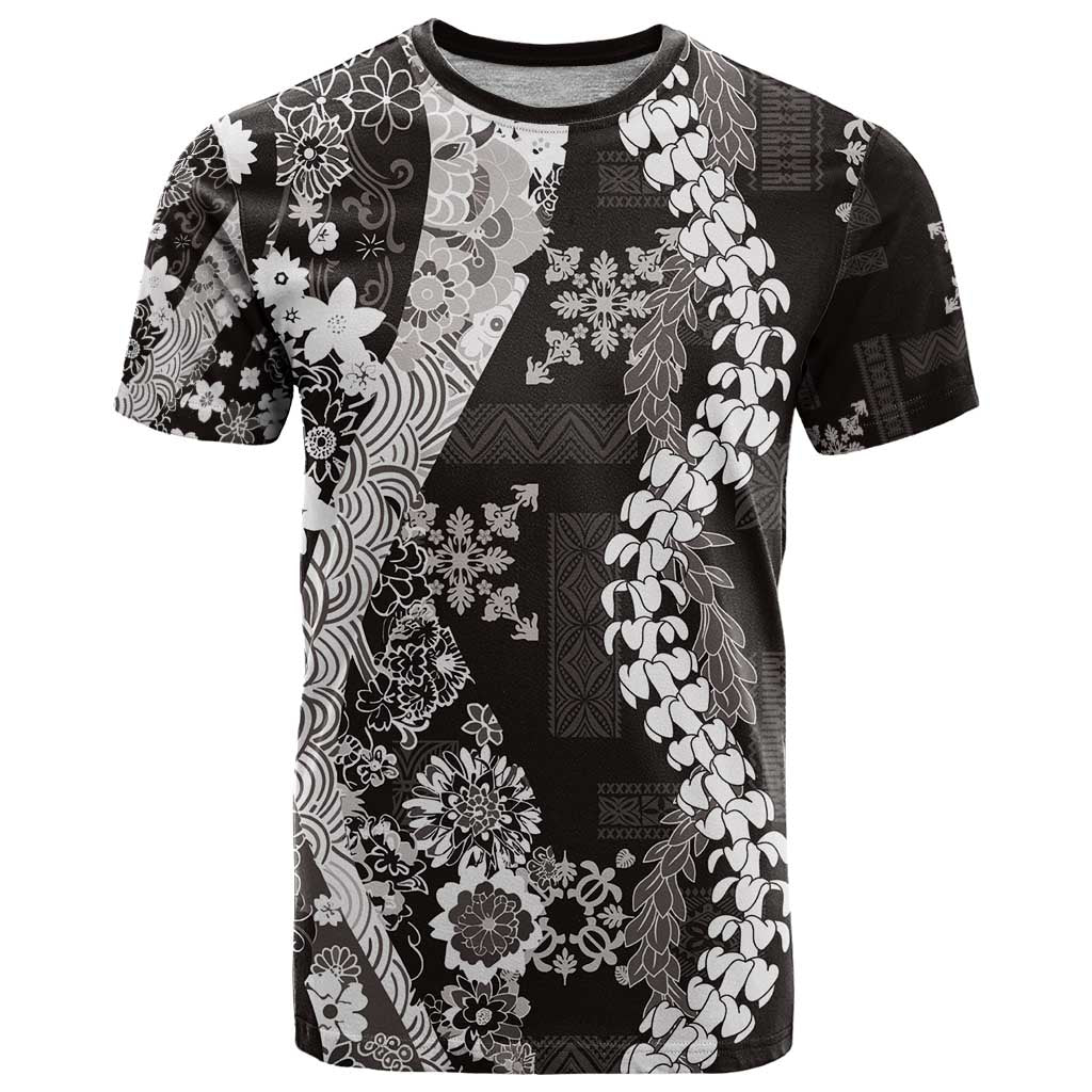 Hawaii Puakenikeni and Maile Lei T Shirt Black Japanese Wave Style - Polynesian Pride