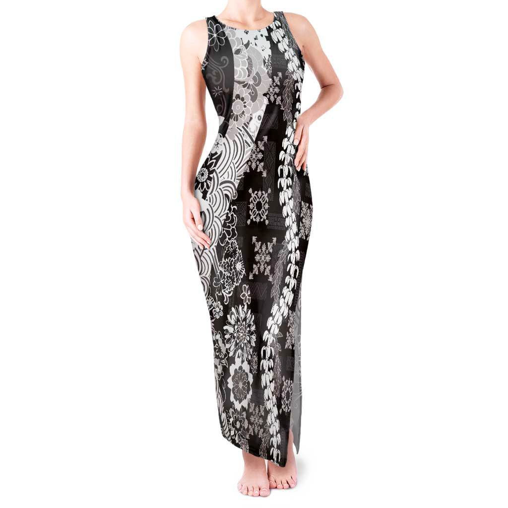 Hawaii Puakenikeni and Maile Lei Tank Maxi Dress Black Japanese Wave Style - Polynesian Pride