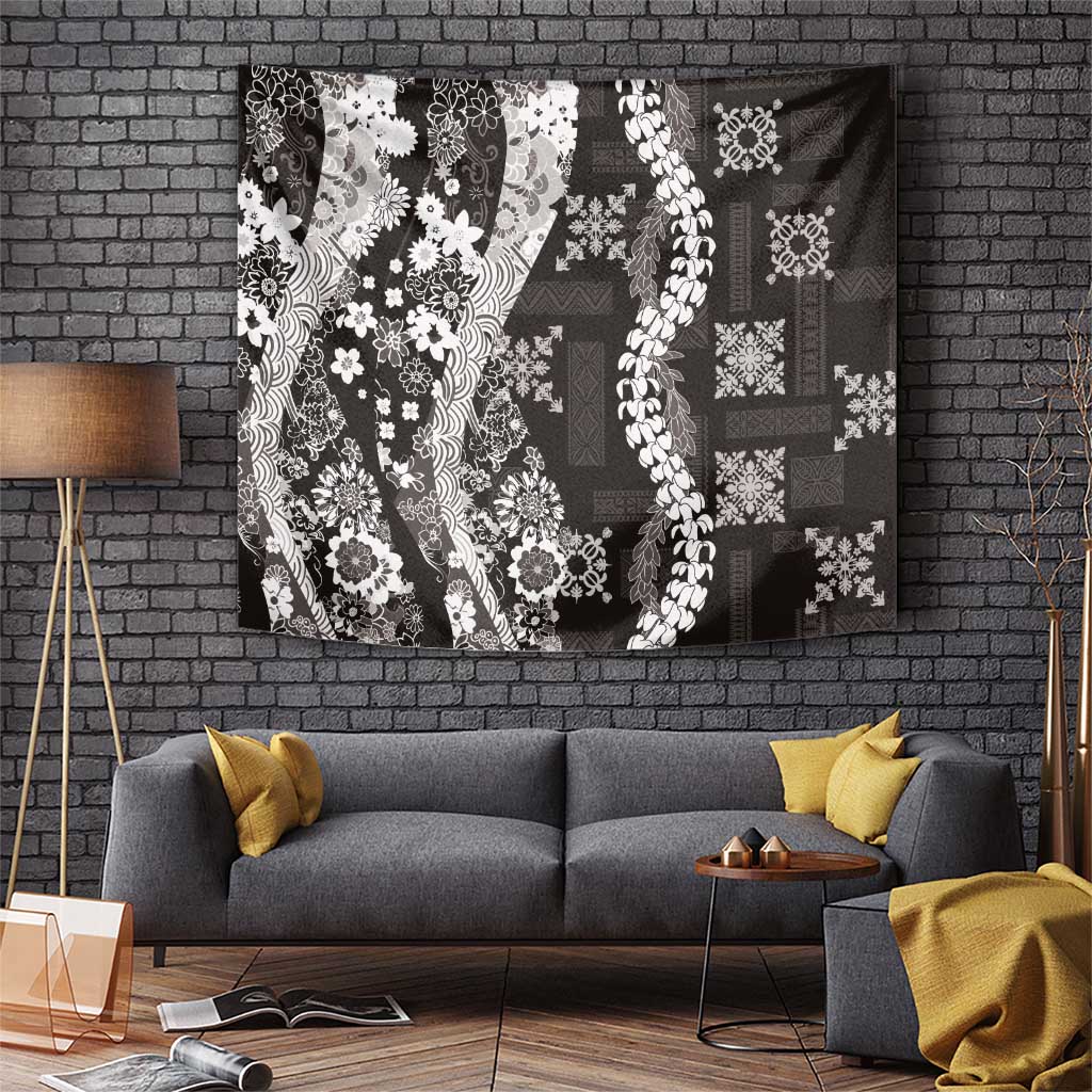 Hawaii Puakenikeni and Maile Lei Tapestry Black Japanese Wave Style - Polynesian Pride