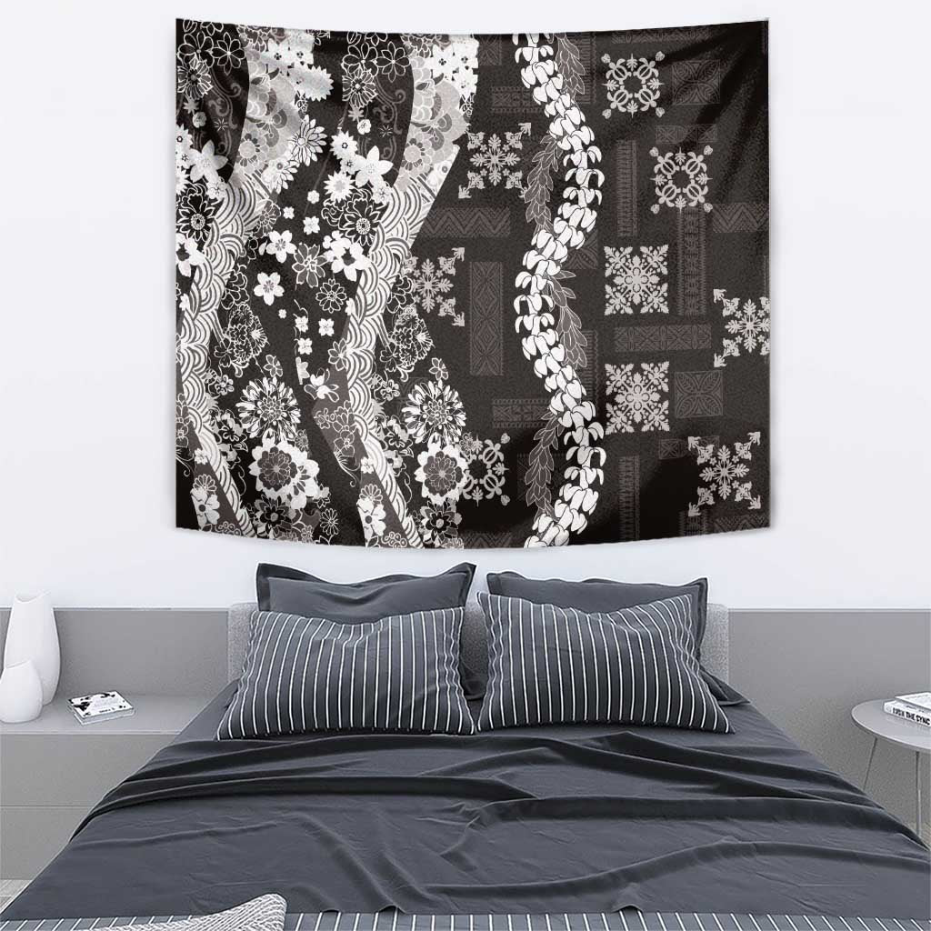Hawaii Puakenikeni and Maile Lei Tapestry Black Japanese Wave Style - Polynesian Pride