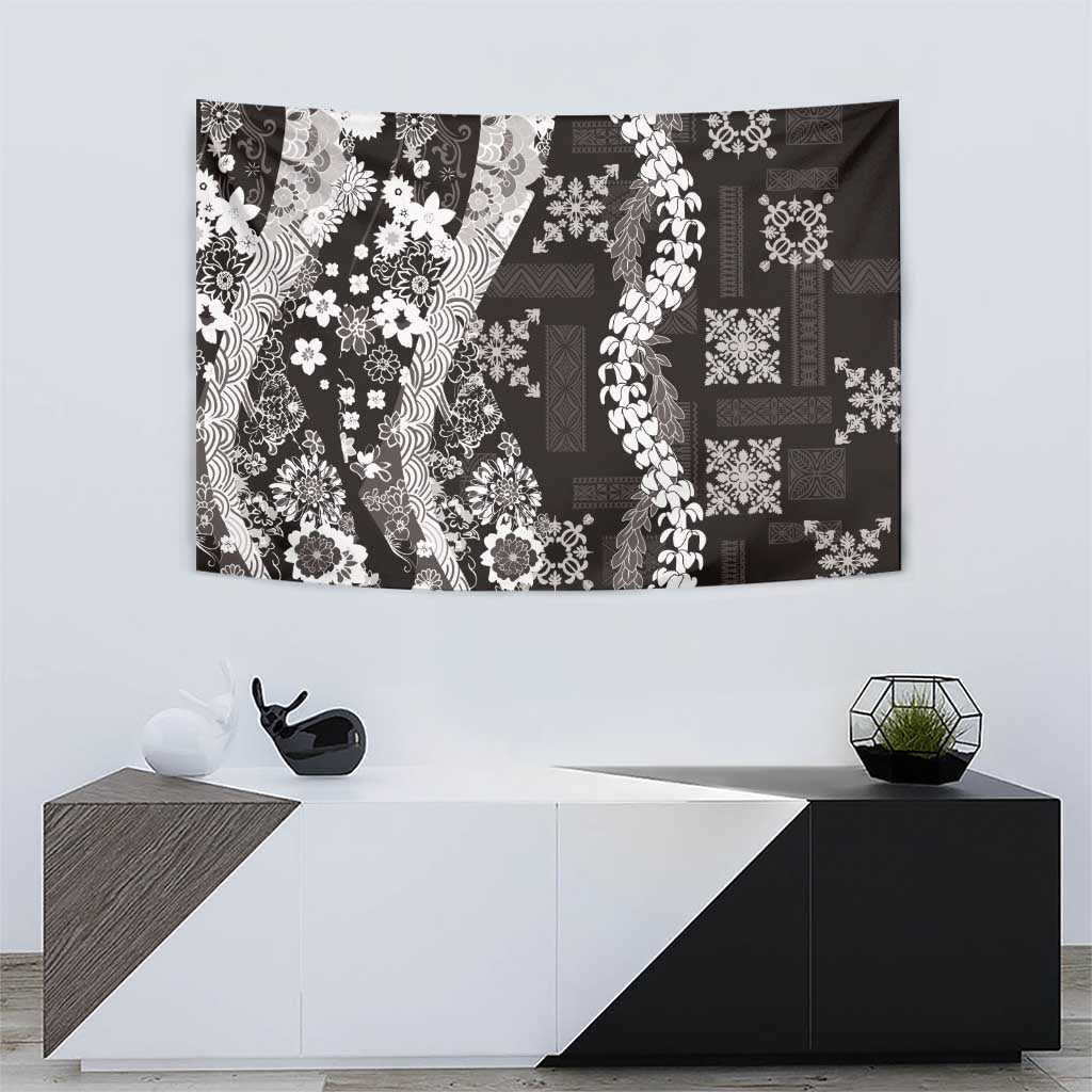 Hawaii Puakenikeni and Maile Lei Tapestry Black Japanese Wave Style - Polynesian Pride