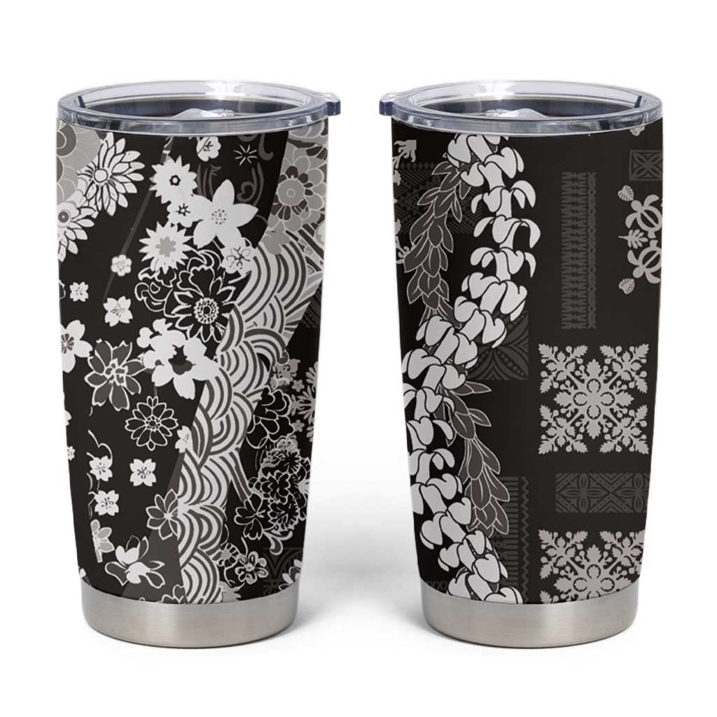 Hawaii Puakenikeni and Maile Lei Tumbler Cup Black Japanese Wave Style - Polynesian Pride