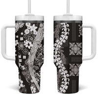 Hawaii Puakenikeni and Maile Lei Tumbler With Handle Black Japanese Wave Style - Polynesian Pride