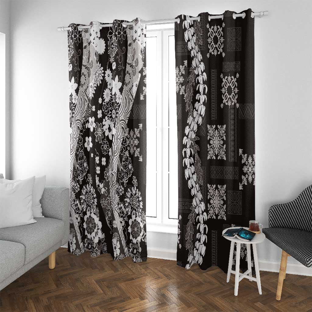 Hawaii Puakenikeni and Maile Lei Window Curtain Black Japanese Wave Style - Polynesian Pride