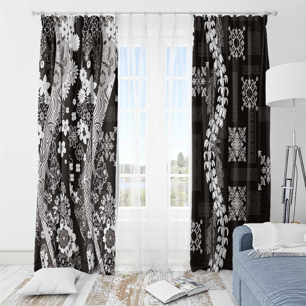 Hawaii Puakenikeni and Maile Lei Window Curtain Black Japanese Wave Style - Polynesian Pride