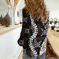 Hawaii Puakenikeni and Maile Lei Women Casual Shirt Black Japanese Wave Style - Polynesian Pride